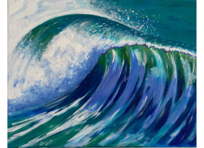 Blue, green, and white painting of a breaking ocean wave. Art by Tony Jeffreys.