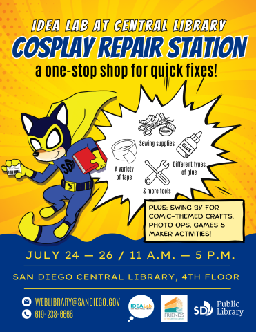 Comic book style poster promoting cosplay repair.